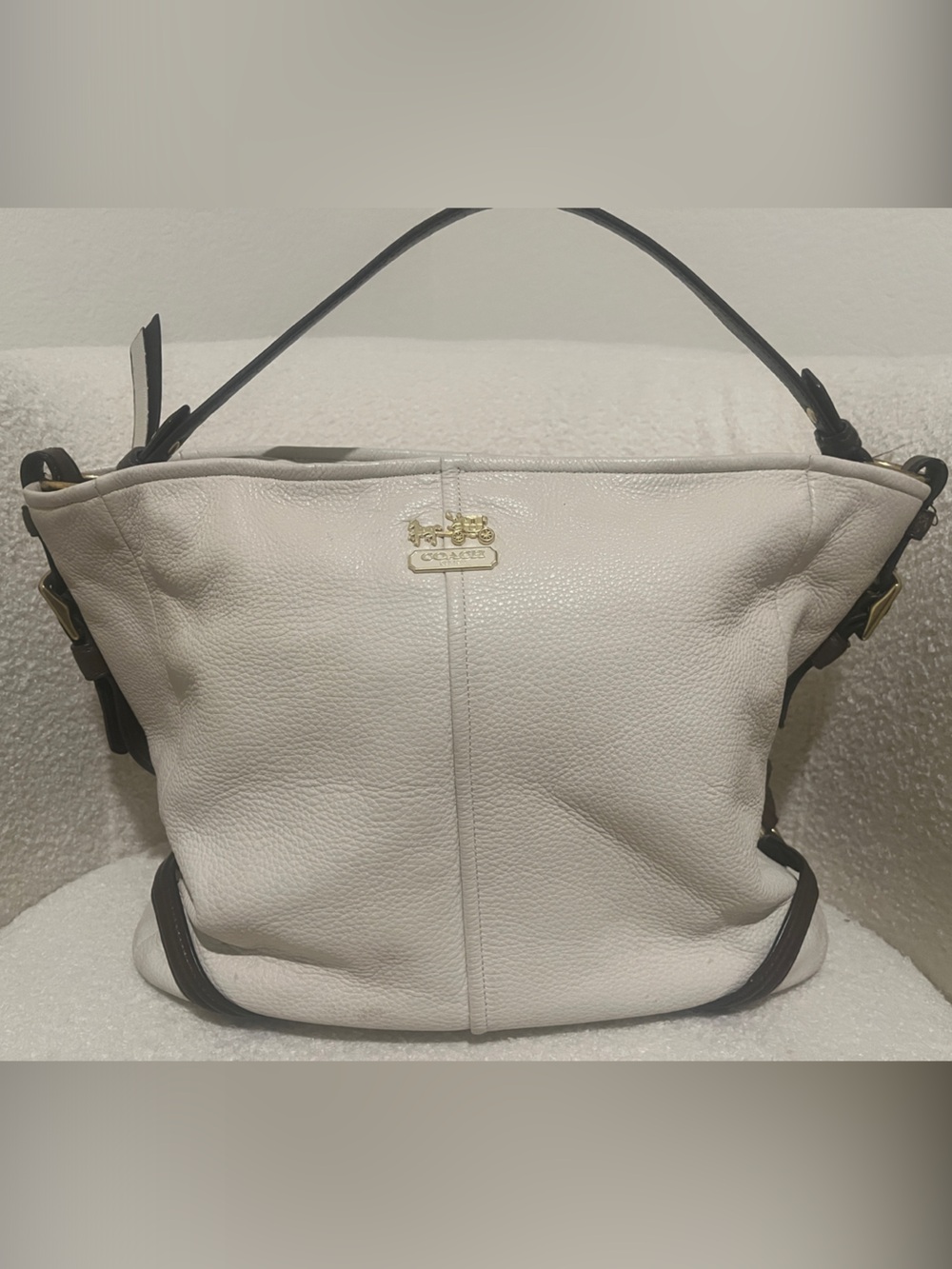 Coach Off-White Pebbled Leather Shoulder Bag with Black Trim